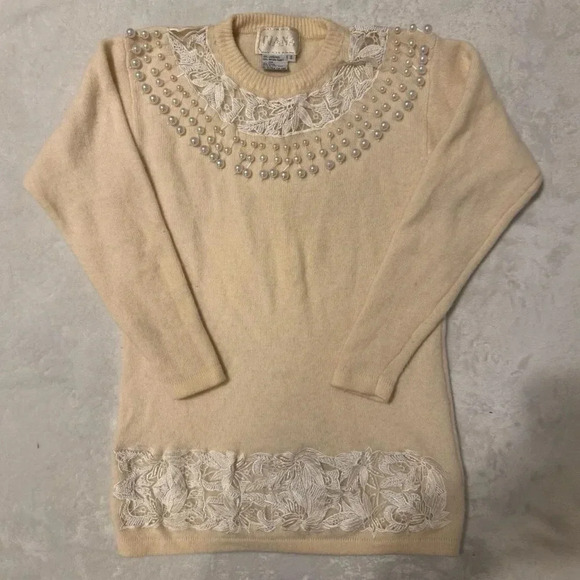 Vintage Sweaters - Vintage 80s Sweater with Beaded Pearl Embellishments and Lace Trim
